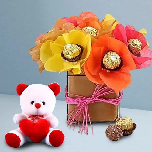Floral Ferrero Rocher in Glass Vase with Teddy