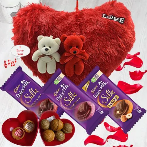 Heart Shape Musical Cushion with Cadbury Silk n Love Message Box for Valentine