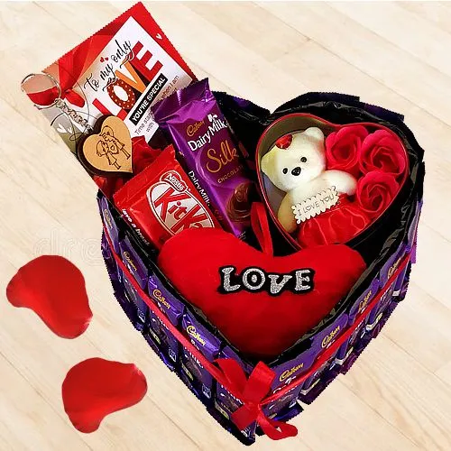 Order Heart Shape Cadbury Chocolates Gift with Teddy n Art Roses
