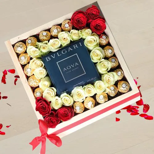 Amazing Valentine Gift Tray of Ferrero Rocher Chocolates, Art Roses n BVLGARI Perfume