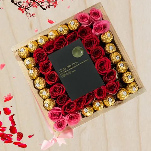 Amazing Valentine Gift of Ferrero Rocher Chocolates, Club Nuit Perfume n Roses for Fiancee