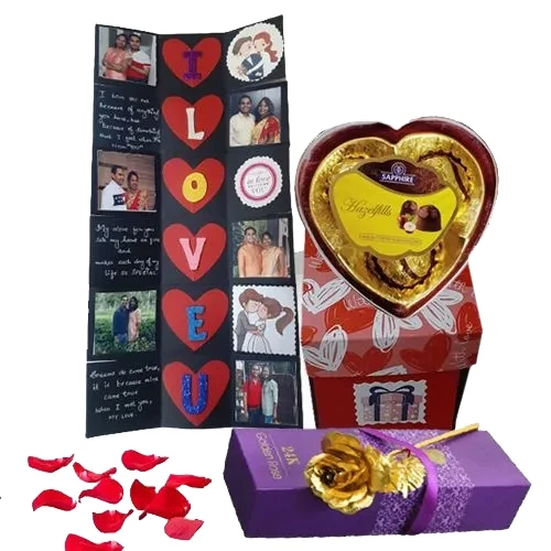 Lovely Personalized Photo Explosion Card with Sapphire Chocolates Box n Golden Rose	