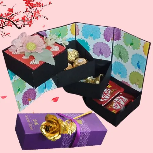 Astonishing 4 Layer Stepper Box of Chocolates with a Golden Rose