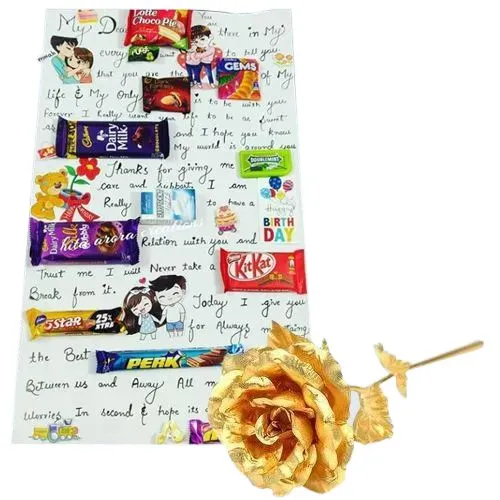 Classy Combo of Chocolate Message Card with Assorted Chocolates n Golden Rose	