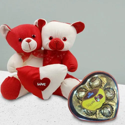 Excellent Gift of Twin Combo Teddy n Sapphire Chocolates in Love Box