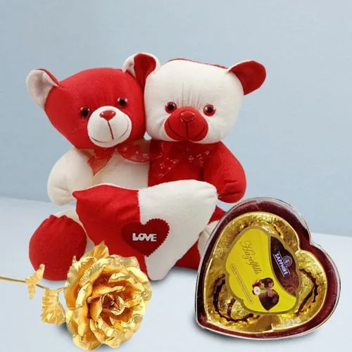 Lovely Gift of Twin Combo Teddy with Sapphire Chocolates n Golden Rose