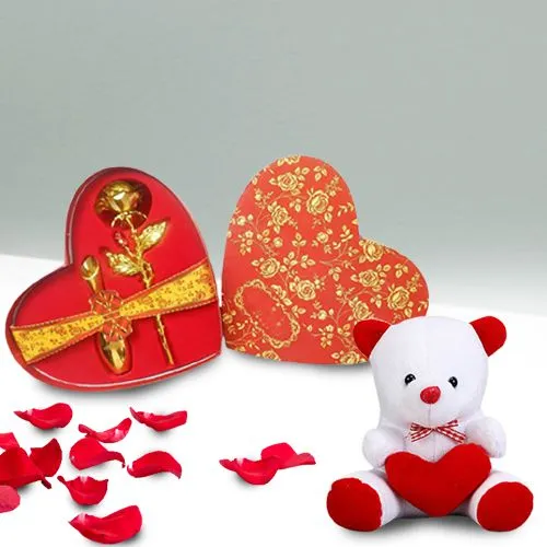 Amazing Heart Shape Box of Golden Rose and a Teddy with Heart