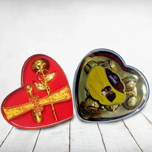 Deliver Sapphire Chocolates Heart Shape Box with Golden Rose