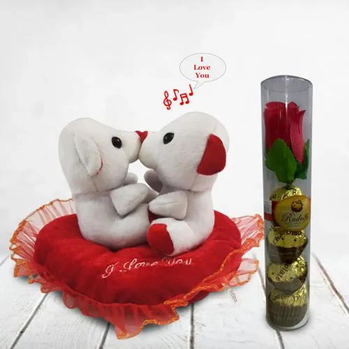 Attractive Kissing n Singing Couple Teddy with Rudalfo Chocolates n Rose Box