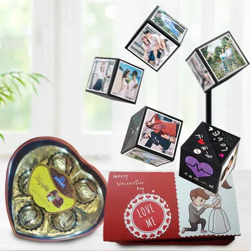 Attractive Pop Up Box of Personalized Photos with Sapphire Heart Shape Chocolates