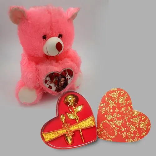 Elegant Personalized Photo Teddy with Golden Rose Heart Shape Box