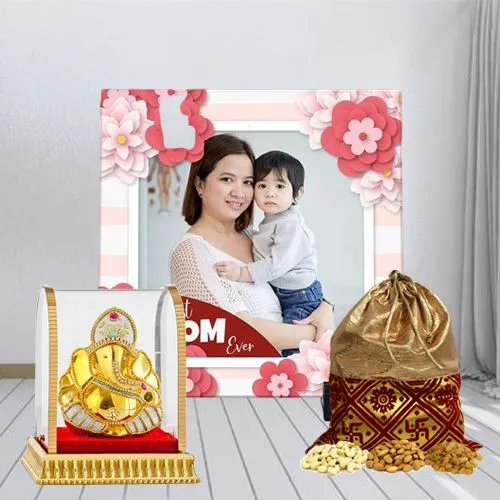 Fancy Personalized Photo Tile with Potli Full of Dry Fruits and Ganesha Idol