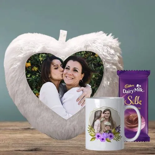 Trendy Personalized Photo Mug and Heart LED Cushion with Cadbury Silk