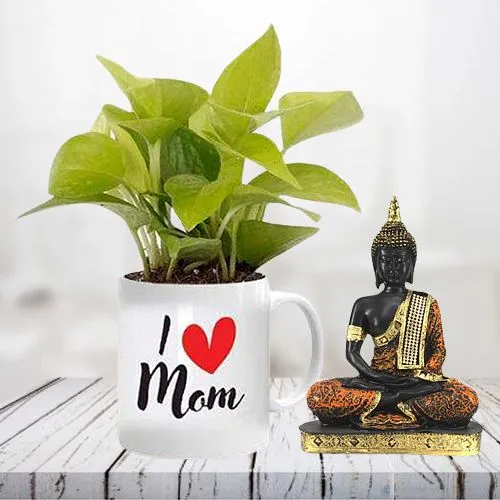 Exquisite Money Plant in Personalized Mug with Gautam Buddha Idol