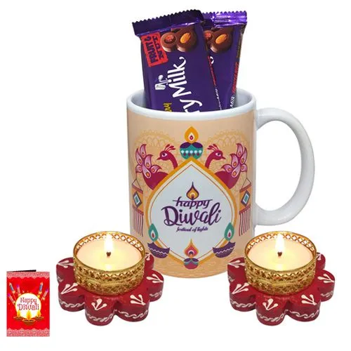 Spectacular Diwali Design Ceramic Mug n Diya Set