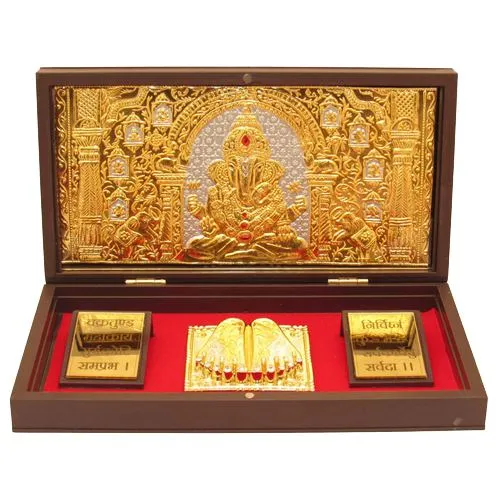 Gold Plated Shree Ganesha Photo Frame with Charan Paduka