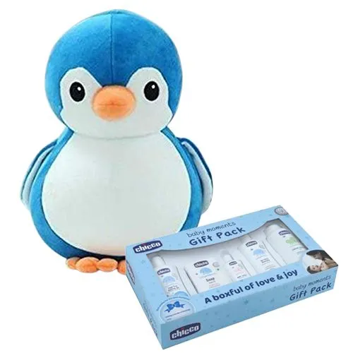 Amazingly Soft Penguin Toy with Chicco Baby Care Gift Set