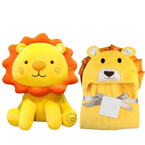 Joyful Lion Stuffed Toy with Baby Bath Towel Duo