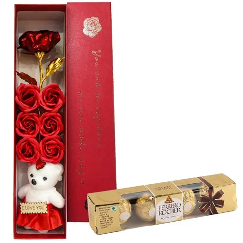 Attractive Pair of Artificial Roses with Teddy Perfume N Chocolate