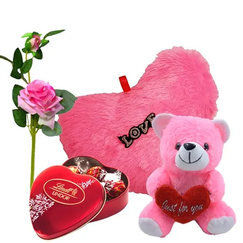 Wonderful Combo of Rose Stick N Teddy with Lindt Lindor N Heart Shape Cushion
