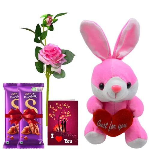 Adorable Rabbit Stuffed Toy N Cadbury Silk with Rose Stick N Love You Card