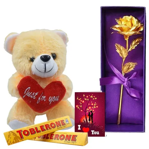 Exciting Gift of Teddy N Toblerone with Golden Rose N Love You Card