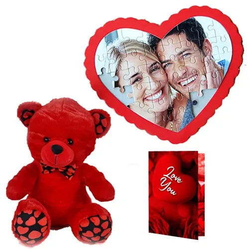 Fabulous Trio of Red Teddy with Heart Shape Puzzle N Love You Handmade Chocolate