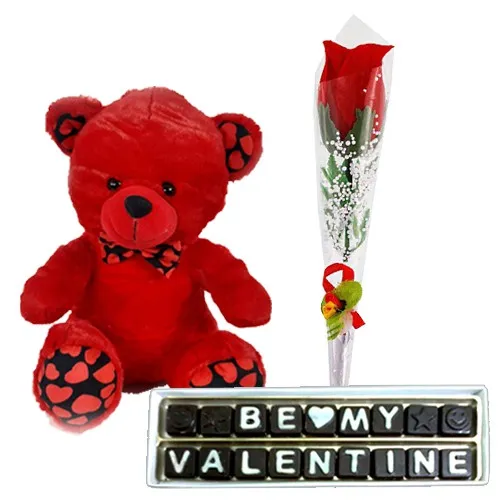 Exotic V-Day Gift of Red Teddy with Red Rose Stick N Handmade Chocolate