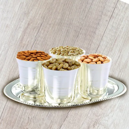 Gift Online Mixed Dry Fruits with Silver Glasses and Tray