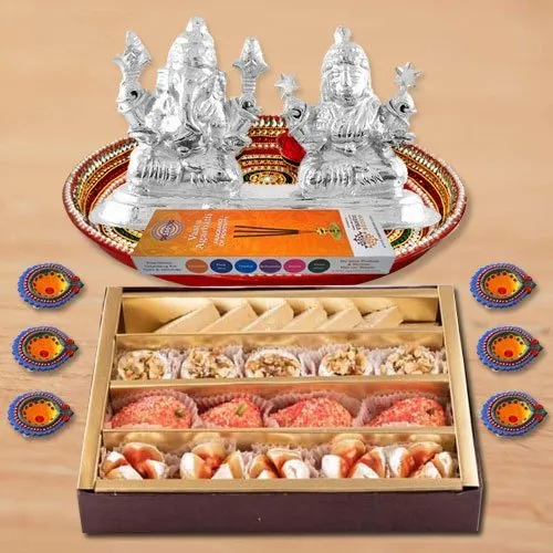 Diwali Puja Thali Hamper with Assorted sweets from Haldirams and Silver Plated Ganesh Lakshmi