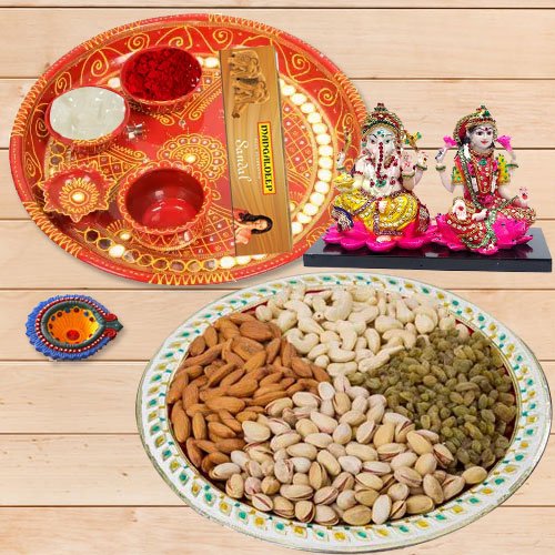 Diwali Puja Thali with Ganesh Lakshmi & Dry Fruits