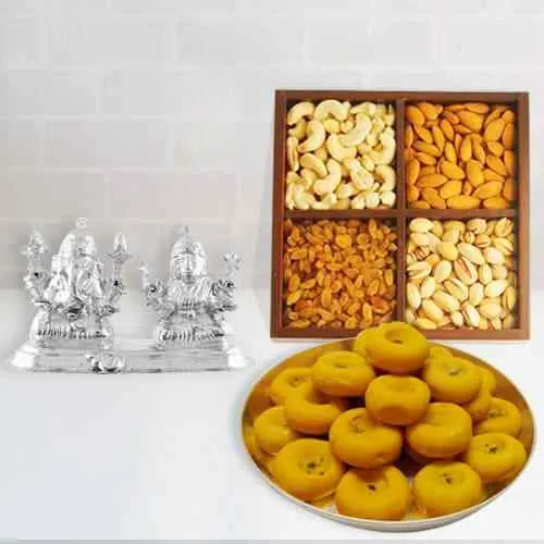 Deliver Silver Plated Ganesh Lakshmi with Sweets and Dry Fruits Online
