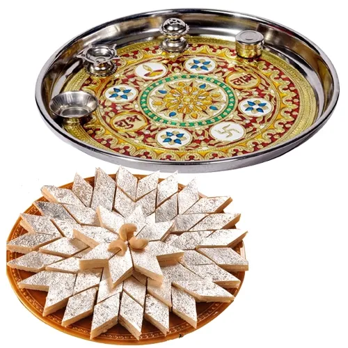 Sending Subh Labh Stainless Steel Thali with Haldirams Kaju Katli