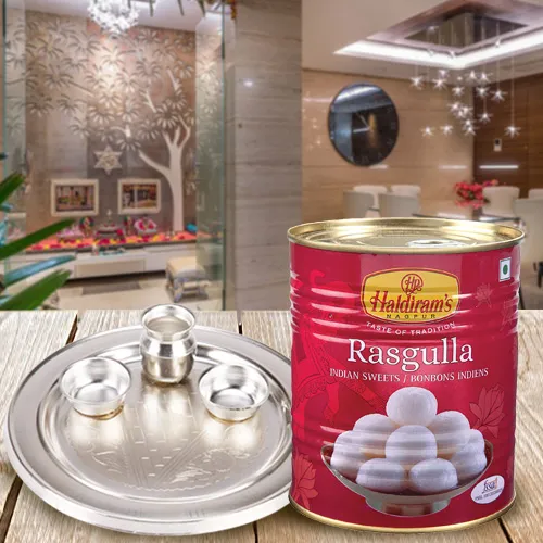 Send Haldirams Rasgulla with Silver Plated Puja Thali