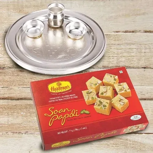 Order Silver Plated Puja Thali with Haldirams Soan Papdi