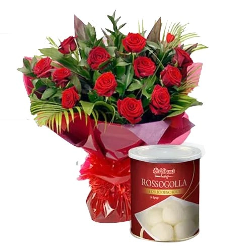 Buy Online Haldiram Rasgulla n Red Roses Bouquet