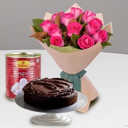 Send Pink Roses and Haldiram Rasgulla with Eggless Chocolate Cake Combo