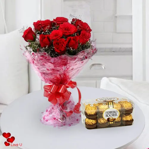 Red Roses Bouqet N Ferrero Rocher for Rose Day