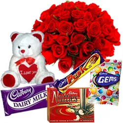 Deliver Teddy with Assorted Cadbury Chocolate N Roses Bouquet