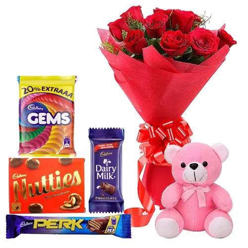 Buy Red Roses Bouquet, Cadbury Chocolates N Teddy Online