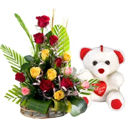 Send Mixed Roses Arrangement with Teddy