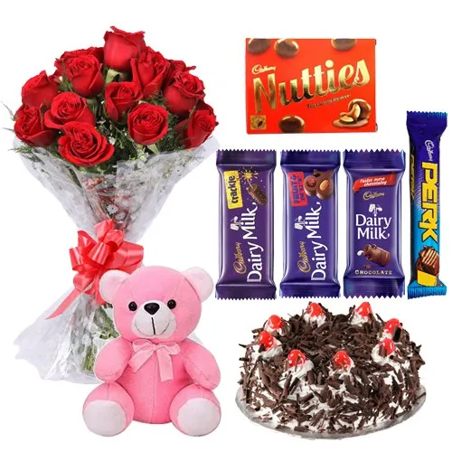 Online Dutch Roses Bouquet with Cake, Assorted Cadbury Chocolates N Teddy