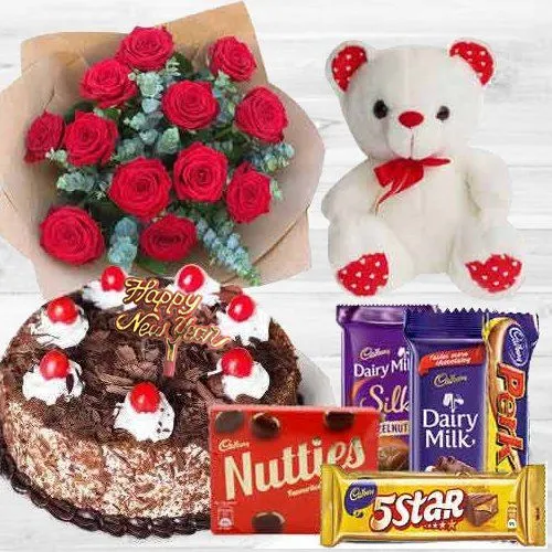 Teddy with Black Forest Cake, Mixed Chocos N Dutch Roses