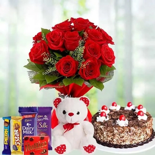 Teddy with Black Forest Cake, Mixed Chocos N Dutch Roses