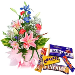 Online Assorted Flowers Arrangement with Assorted Cadbury Chocolates
