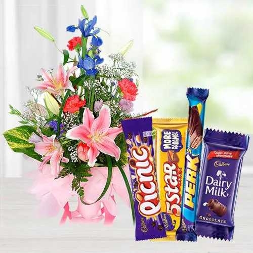 Online Assorted Flowers Arrangement with Mixed Cadbury Chocolates