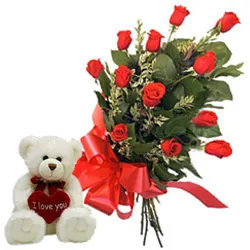 Send Red Roses Bunch with Teddy