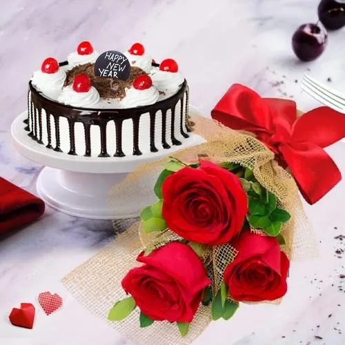 Red Rose Bouquet with Black Forest Cake