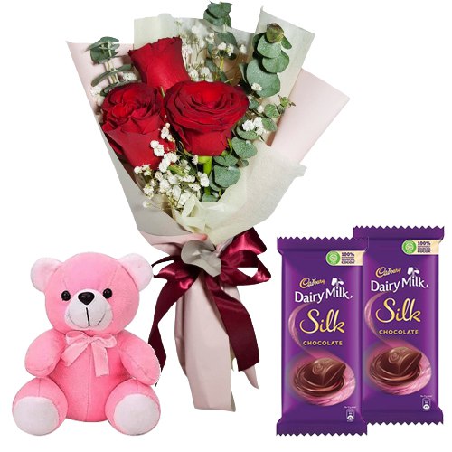 Ruched Small Teddy, Roses and Dairy Milk Silk Chocolate Bars