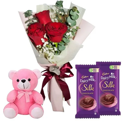 Red Roses with Online Teddy Bear n Cadbury s Silk Bar